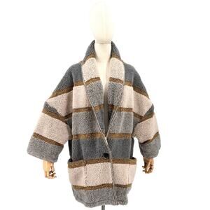 en THREAD Gray Tan Striped Oversized Cocoon Duffel Coat